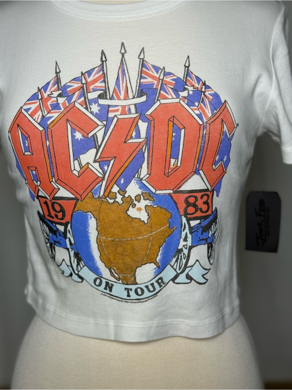 Junk Food Clothing AC/DC 1983 On Tour White Graphic Cropped Baby Tee - Picture 4 of 9